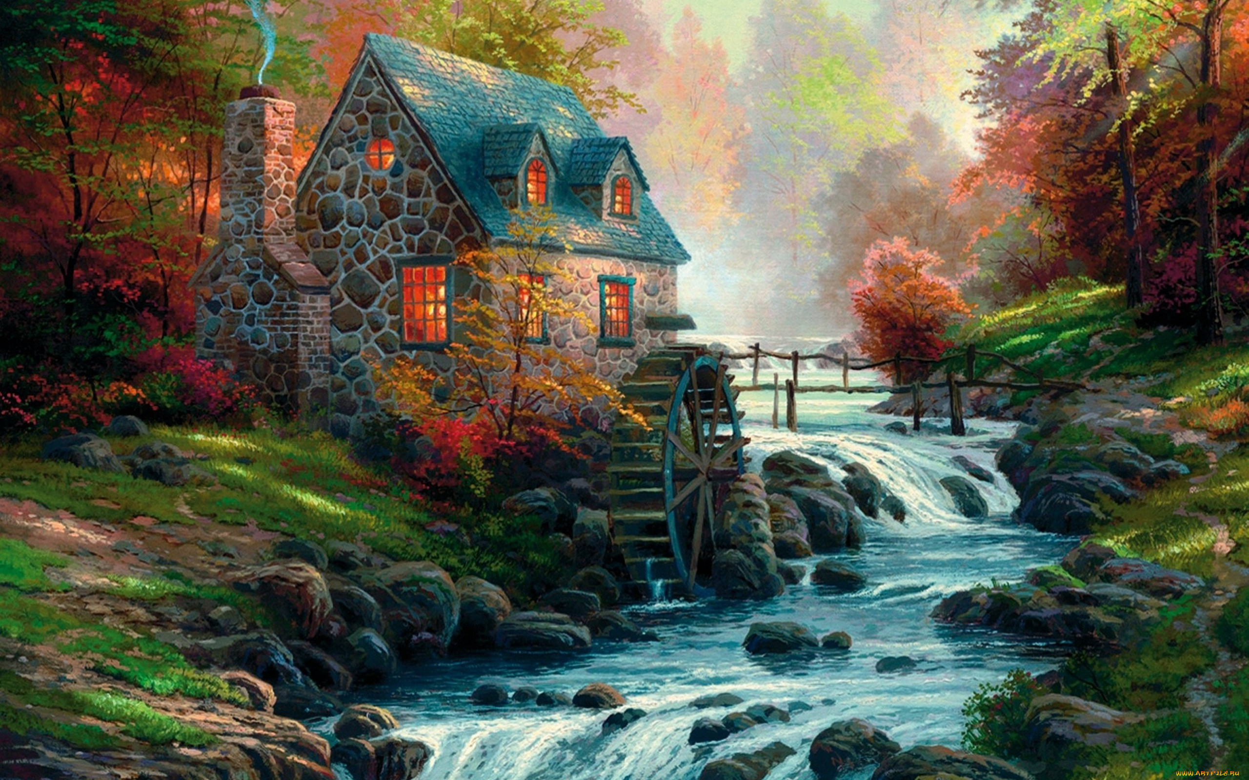 cobblestone, mill, , thomas, kinkade, morning, river, house, forest, fog